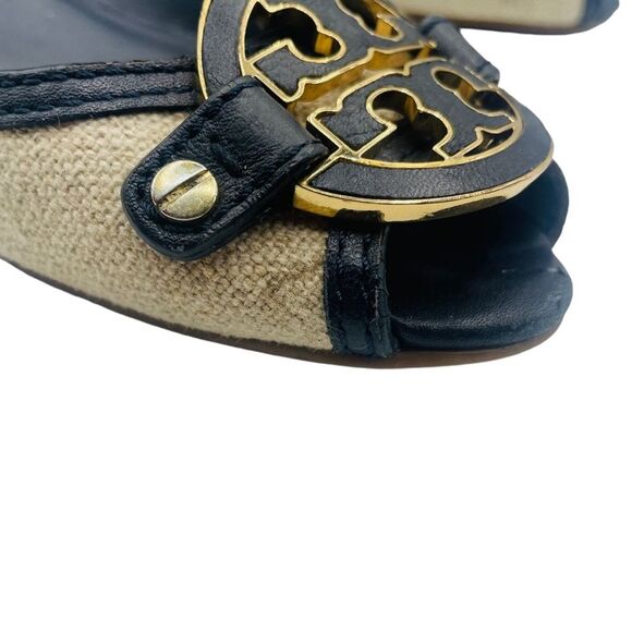 Tory Burch Amanda Open Toe Wedge In Natural/Black 8M - Picture 3 of 11